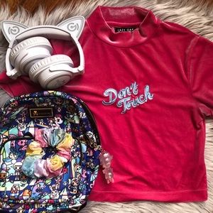 ˋDon’t Touch’ Lazy Oaf Pink Velvet Crop Top